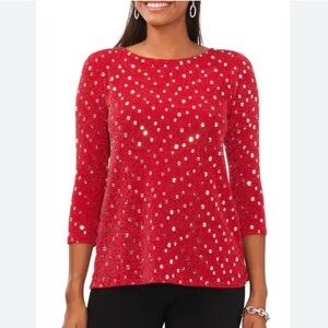 MSK Red with Silver Metallic Disc  Long Sleeve Back Tulip Style Blouse XL NWOT